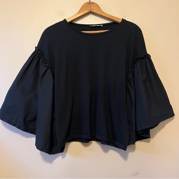 Zara TRF Exaggerated Flutter Sleeve Top Black Size Small - Picture 2 of 6
